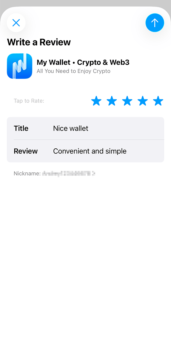 Example App Store Write a Review screen: My Wallet logo and name, five stars, title, review text, and nickname.