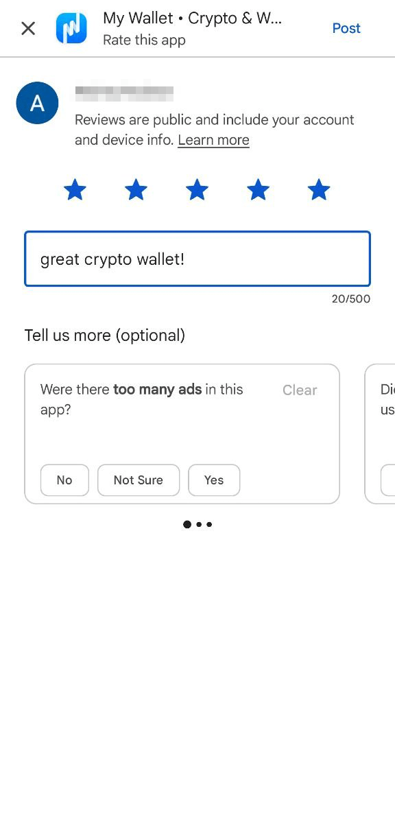Example Google Play Rate this app screen: My Wallet in the header, account name, five stars, review text, and Post.
