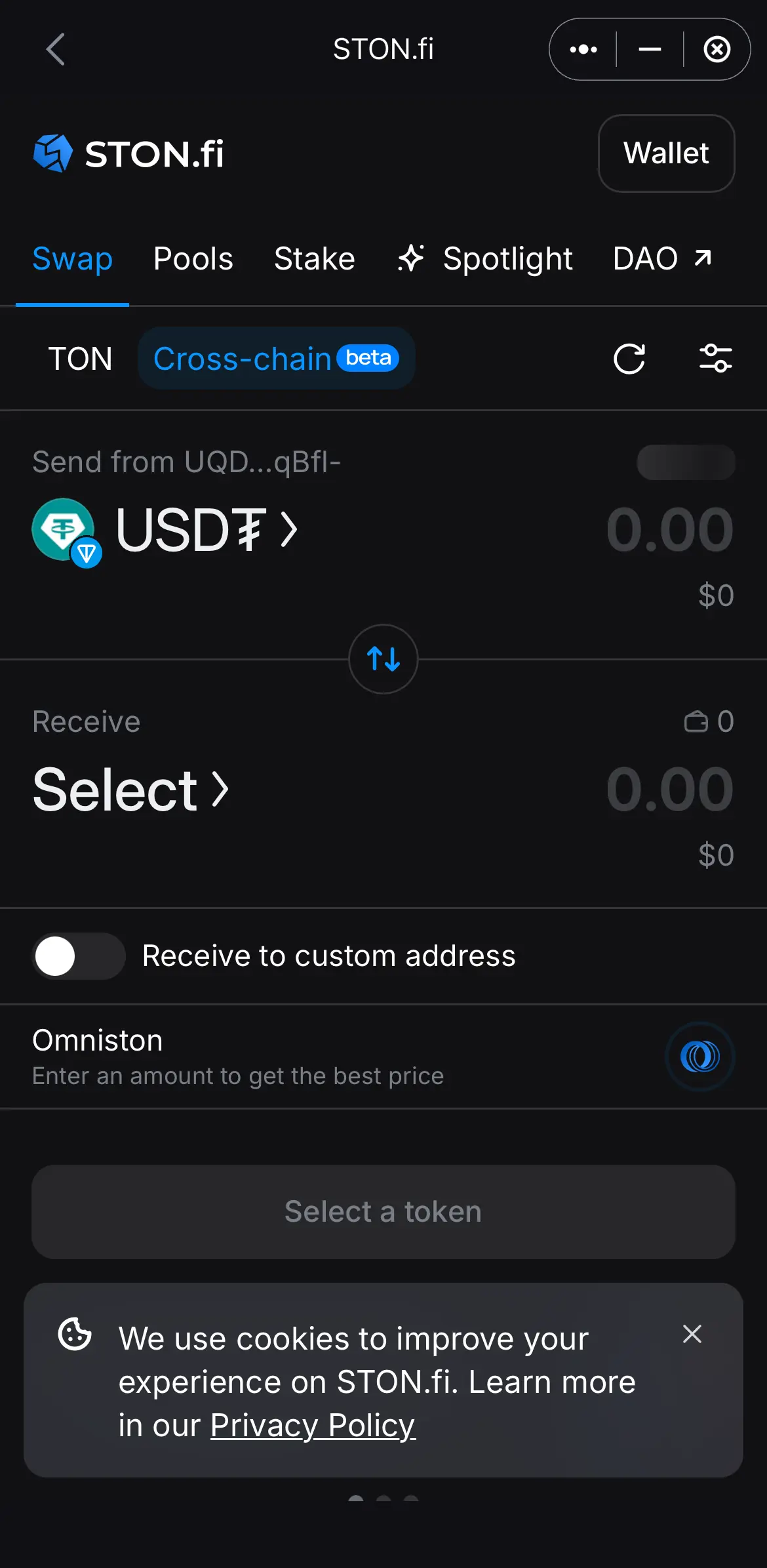 Tap Cross-chain, then Wallet in the top right.