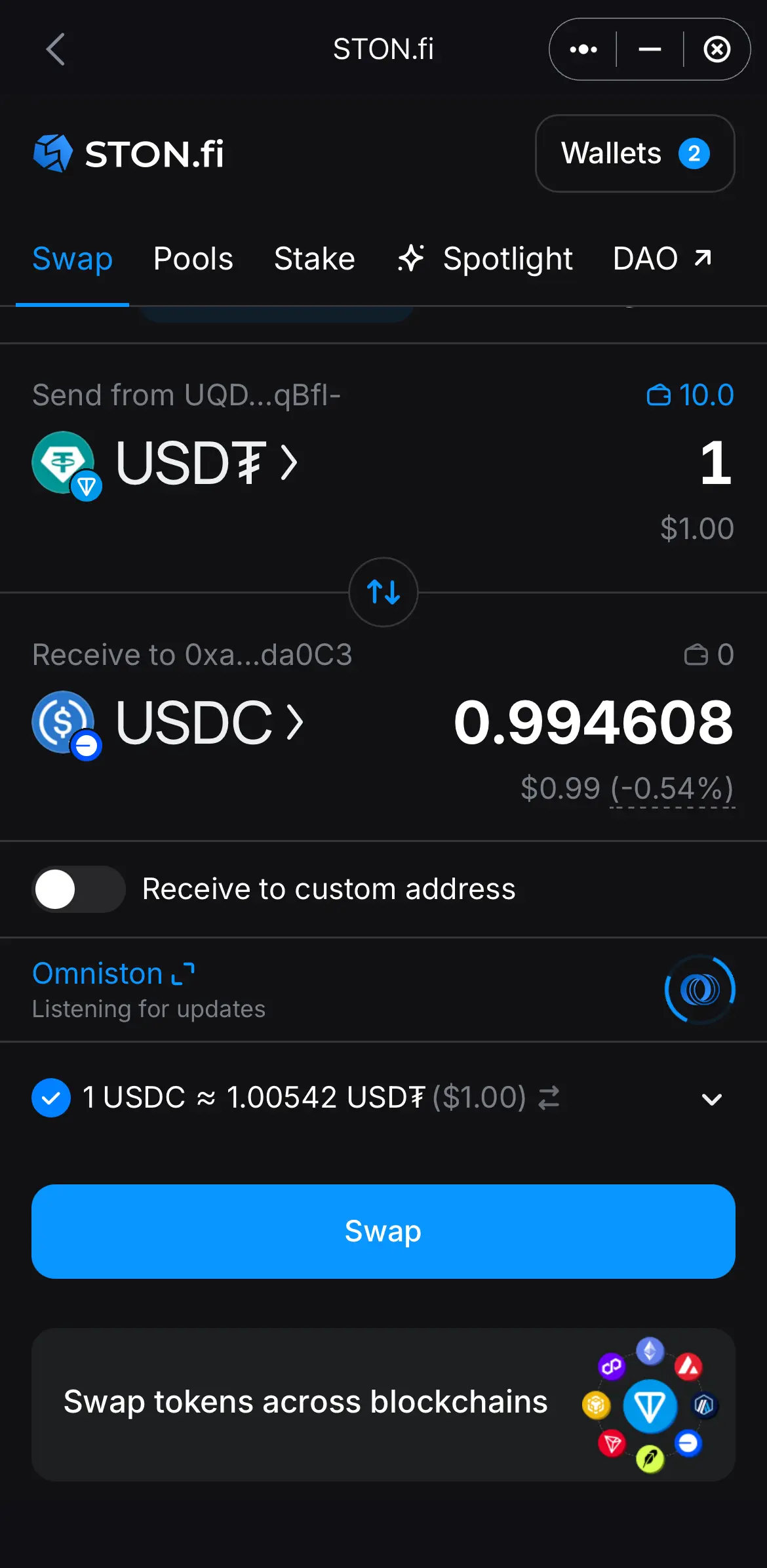 Wallets are connected. Start a cross-chain swap.